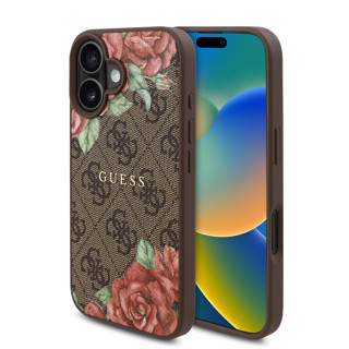 Imagen de FUNDA GUESS IPHONE 16 MAGSAFE LEATHER CASE FLOWERS PRINT AND METAL CLASSIC LOGO BROWN 0246