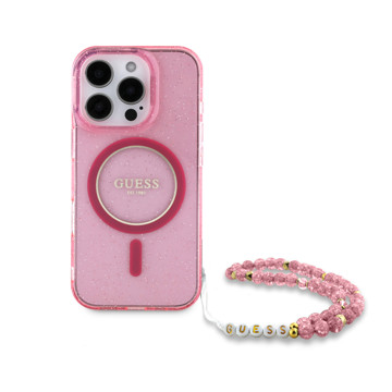 Imagen de FUNDA GUESS IPHONE 16 PRO MAGSAGE CASE GLITTER WITH BEADS STRAP PINK 8272