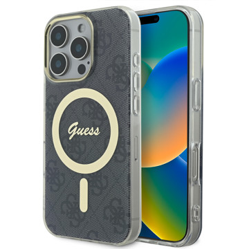 Imagen de FUNDA GUESS IPHONE 16 PRO MAGSAFE PATTERN GOLD RING AND LOGO BLACK 1985