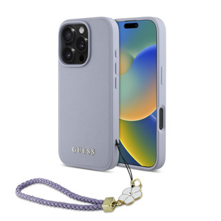 Imagen de GUESS IPHONE 16 PRO MAGSAFE GRAINED CASE WITH FLOWER CHARM WRIST STRAP AND METAL CLASSIC LOGO PURPLE 3889