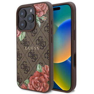Imagen de FUNDA GUESS IPHONE 16 PRO MAX MAGSAFE LEATHER CASE FLOWERS PRINT AND METAL CLASSIC LOGO BROWN 0277