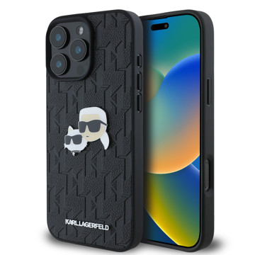 Imagen de KARL LAGERFELD IPHONE 16 PRO MAX MONOGRAM PU LEATHER CASE WITH PIN LOGO KARL & CHOUPETTE HEADS 9396